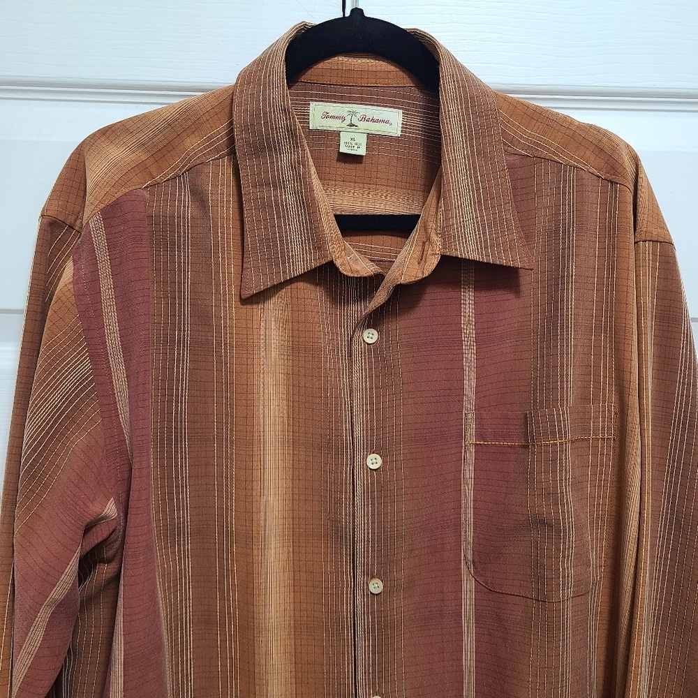 Tommy Bahama Silk‎ XL button down shirt Mens Striped redish brown colorway